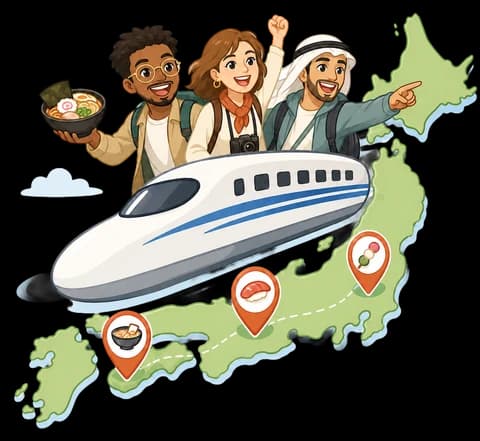 Travelers with a shinkansen and a Japan food route map