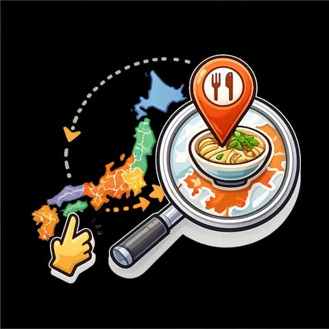 A magnifying glass finding a bowl of ramen on a map of Japan