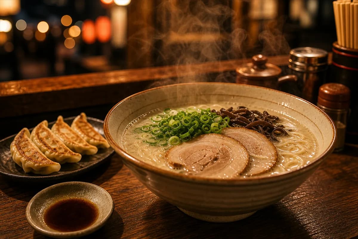 Fukuoka ramen night image with steaming tonkotsu ramen in a cozy evening atmosphere