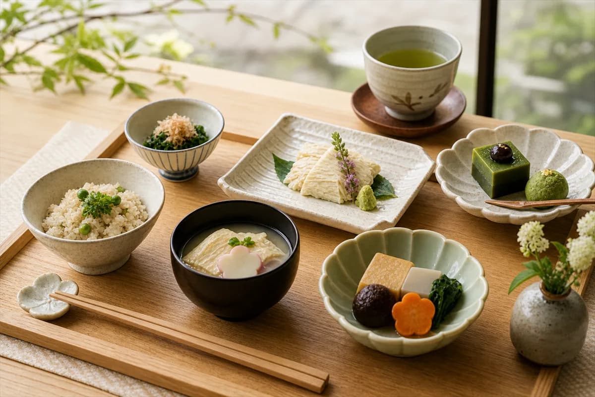 Kyoto gentle food day image with yuba, matcha sweets and a calm daytime Japanese meal