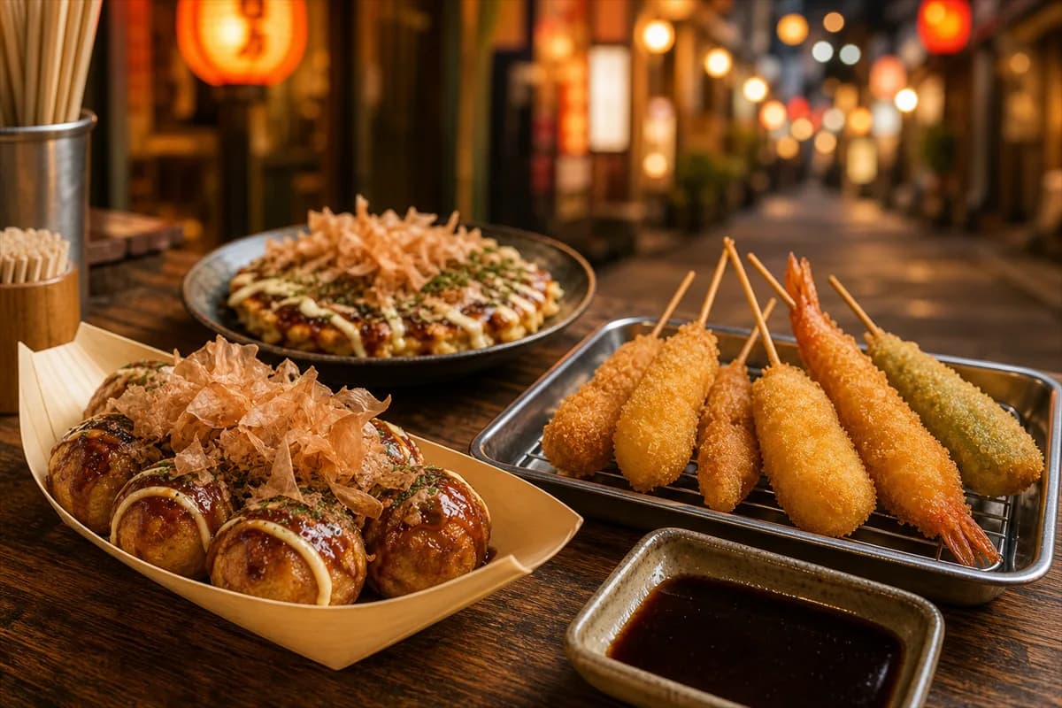 Osaka cheap food walk image with takoyaki, kushikatsu and a lively street food feeling