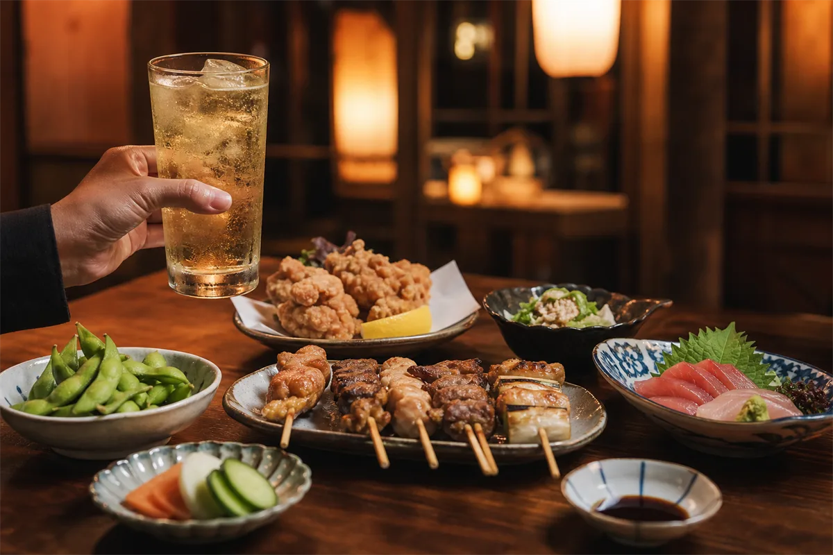 Tokyo first-night route image with a raised drink and a spread of izakaya small plates on a warm evening