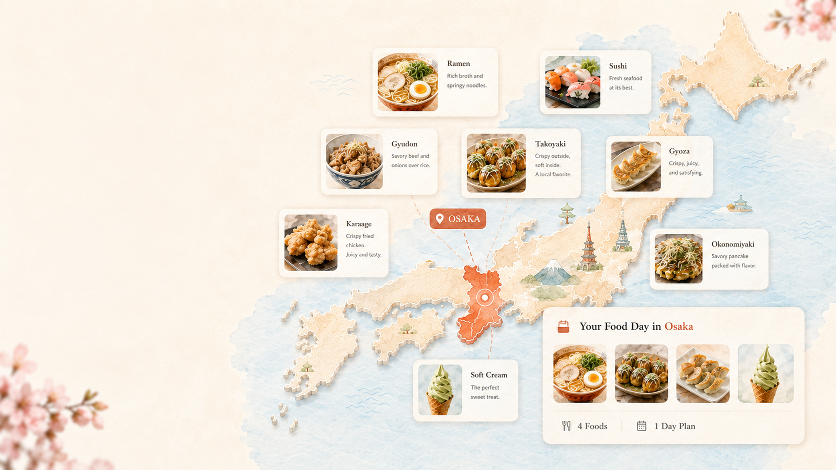 Illustration of a Japan food trip planner with a map of Japan and local food cards.